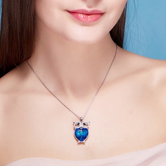 Fashion Blue Austrian Crystal 925 Sterling Silver Owl Necklace - Click Image to Close