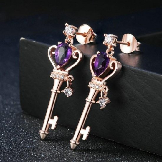 Key Shape Oval Genuine Amethyst 925 Silver Rose Gold CZ Earrings - Click Image to Close