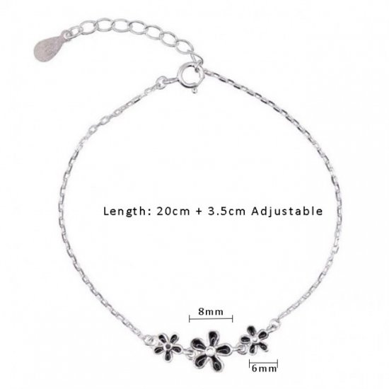 Beautiful Three Black Flowers 925 Sterling Silver Anklet - Click Image to Close