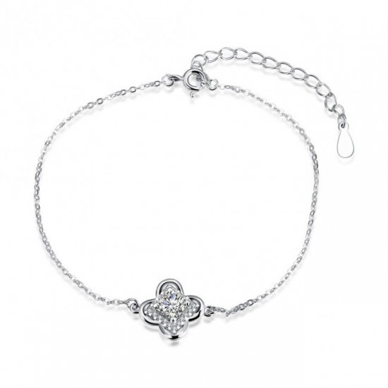 Simple Four Leaf Clover CZ 925 Silver Bracelet - Click Image to Close