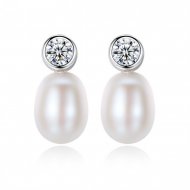 Round CZ Waterdrop Natural Pearl 925 Silver Stud Earrings