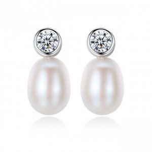 Round CZ Waterdrop Natural Pearl 925 Silver Stud Earrings