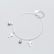 Simple Cross CZ Solid 925 Sterling Silver Adjustable Bracelet