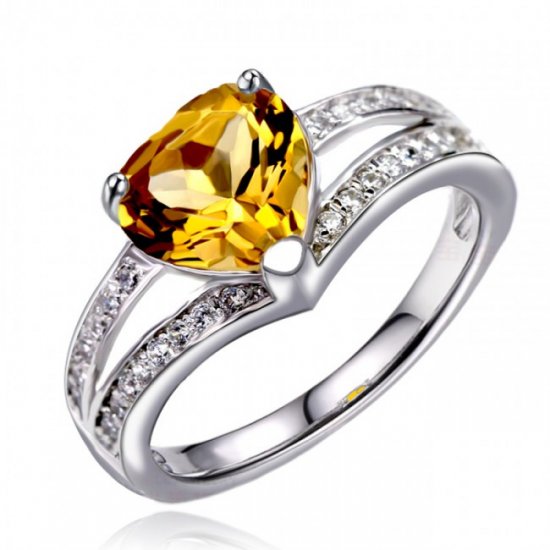 Heart Fashion Natural Citrine Solid 925 Sterling Silver Adjustable CZ Ring - Click Image to Close