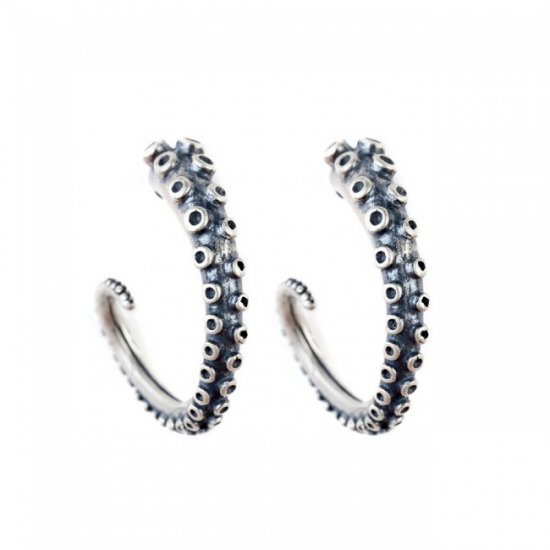 Retro Crimp Octopus Tentacles 925 Sterling Silver Hoop Earrings - Click Image to Close