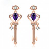 Key Shape Oval Genuine Amethyst 925 Silver Rose Gold CZ Earrings