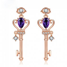 Key Shape Oval Genuine Amethyst 925 Silver Rose Gold CZ Earrings