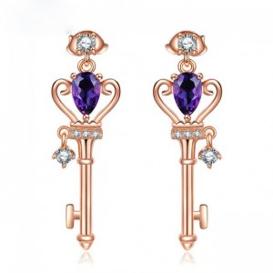 Key Shape Oval Genuine Amethyst 925 Silver Rose Gold CZ Earrings