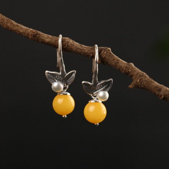 Fashion Baltic Round Amber White Pearl 925 Sterling Silver Dangle Earrings - Click Image to Close