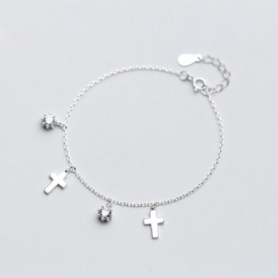 Simple Cross CZ Solid 925 Sterling Silver Adjustable Bracelet - Click Image to Close