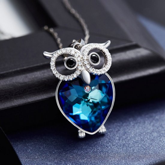 Fashion Blue Austrian Crystal 925 Sterling Silver Owl Necklace - Click Image to Close