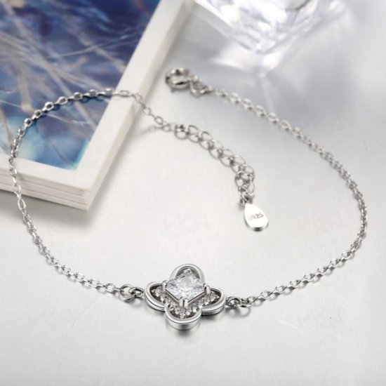 Simple Four Leaf Clover CZ 925 Silver Bracelet - Click Image to Close