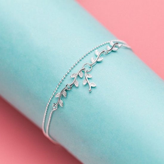 Modern Tree Branch Leaves CZ Solid 925 Sterling Silver Adjustable Bracelet - Click Image to Close