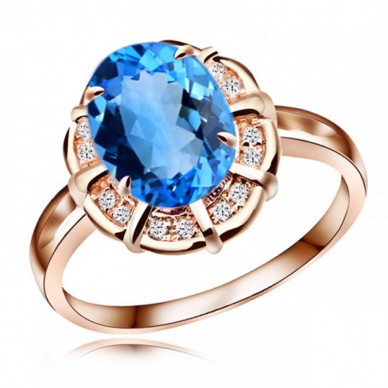 Flower Fashion Oval Natural Blue Topaz CZ 925 Sterling Silver Ring - Click Image to Close