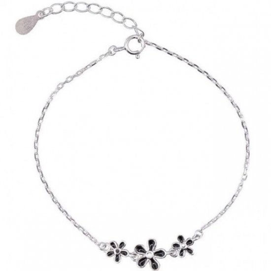 Beautiful Three Black Flowers 925 Sterling Silver Anklet - Click Image to Close