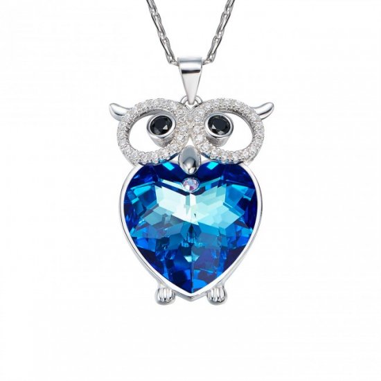 Fashion Blue Austrian Crystal 925 Sterling Silver Owl Necklace - Click Image to Close