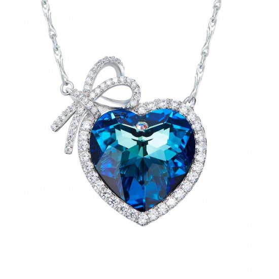 Fashion Heart Austrian Crystal 925 Sterling Silver Bowknot Necklace - Click Image to Close