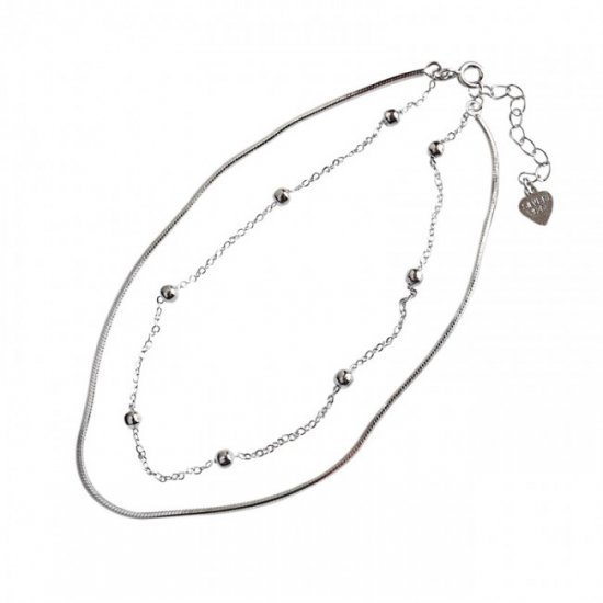 Simple Beads Solid 925 Sterling Silver Adjustable Double Chain Bracelet - Click Image to Close