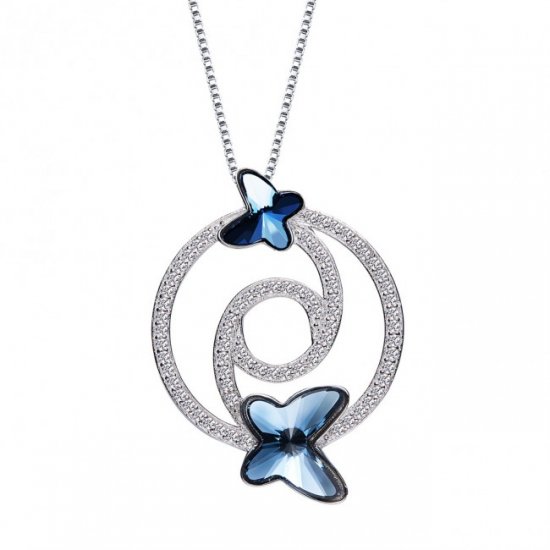 Flying Blue Butterfly Austrian Crystal CZ 925 Sterling Silver Necklace - Click Image to Close