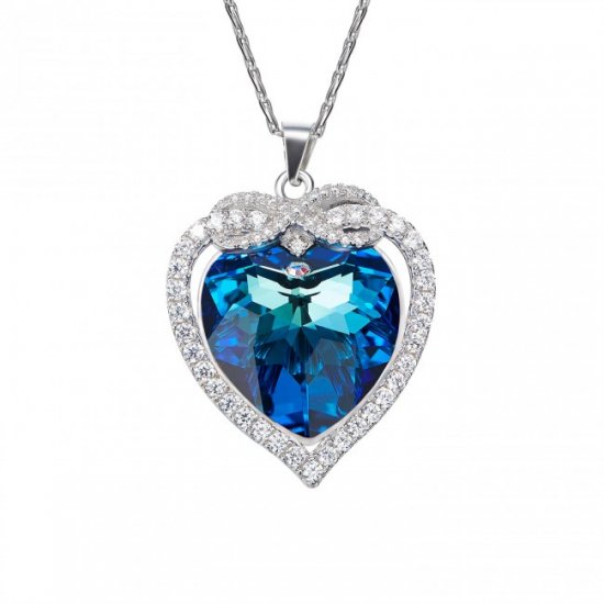 Fashion Blue Austrian Crystal 925 Sterling Silver Infinity Heart Necklace - Click Image to Close