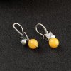 Fashion Baltic Round Amber White Pearl 925 Sterling Silver Dangle Earrings