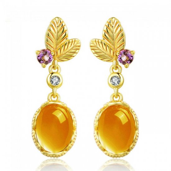 Leaves Oval Natural Citrine 925 Silver Yellow Gold CZ Earrings - Click Image to Close