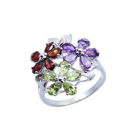 Three Flower Fashion Colorful Crystal CZ 925 Sterling Silver Ring - Click Image to Close